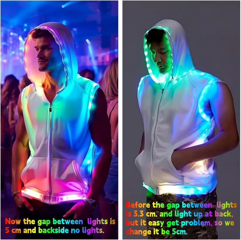 LEDPATY Men White Hooded Tank LED Light Up Sync Burning Man Rave Tops Night Club Show for Halloween Dance Party - Image 1